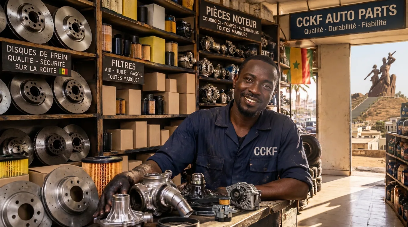 Boutique de pièces automobiles à Dakar, avec vendeur, pièces sur le comptoir et monument de la Renaissance africaine en arrière-plan